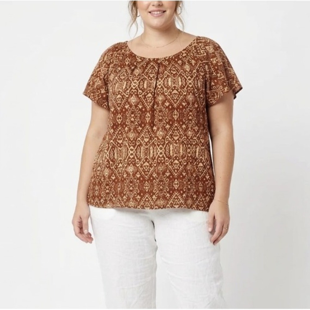 Calvin‎ Klein Brown Tan Geometric Print Round Neck Short Sleeve Blouse XL